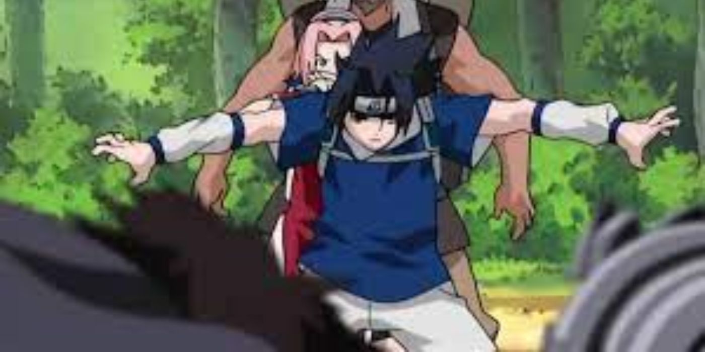 Sasuke saves Sakura in Naruto.