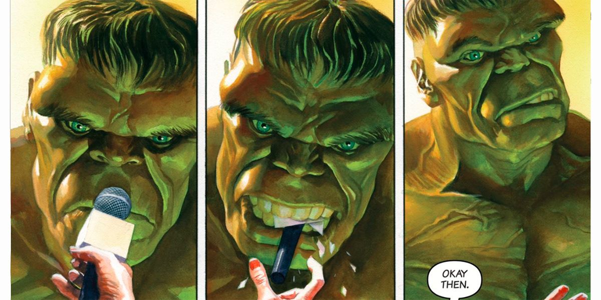 Green Hulk eats an interviewer's microphone