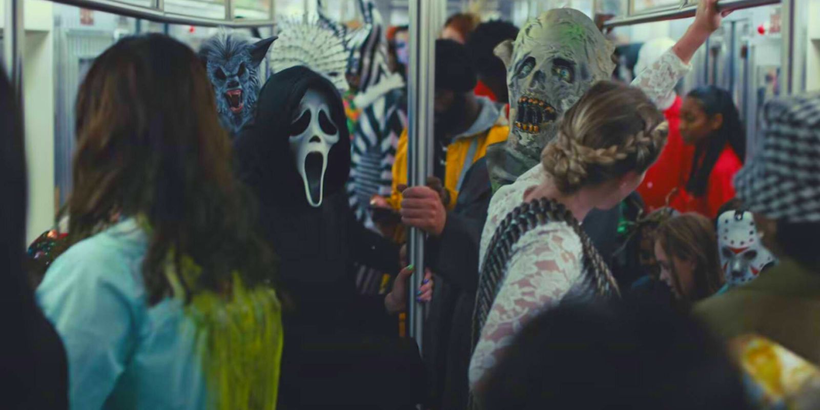 Ghostface standing in a train packed with masked passengers in Scream 6