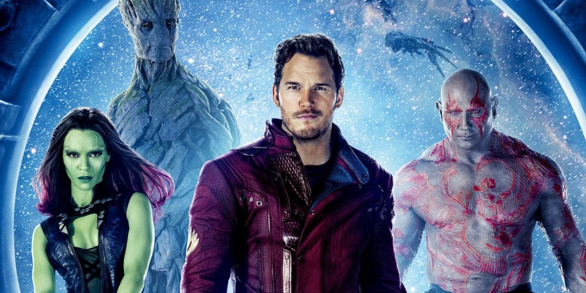 Gamora (Zoe Saldana), Groot (Vin Diesel), Star-Lord (Chris Pratt), and Drax (Dave Bautista) in Guardians of the Galaxy