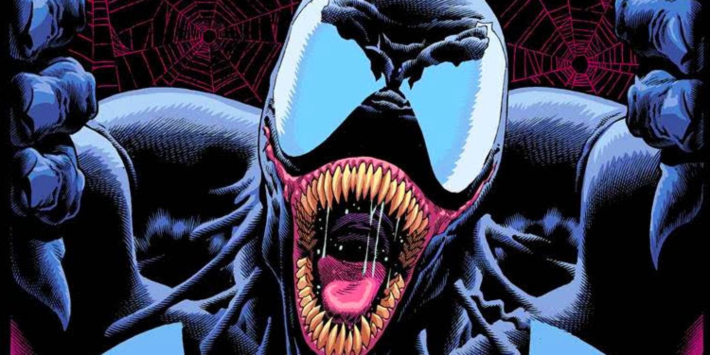 Venom showing rows of sharp teeth in Marvel Comics.