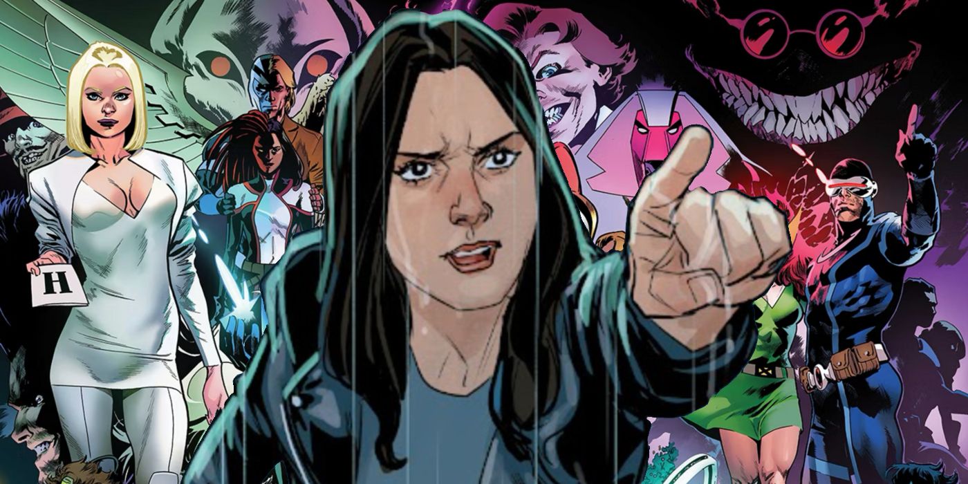 Jessica Jones pointing with X-Men in the background