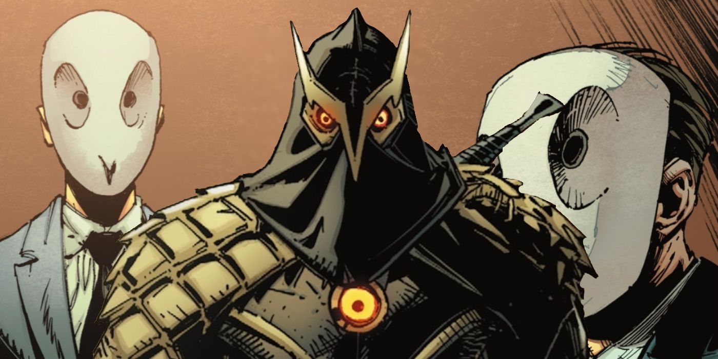 Cosmic Talon and two followers of the Court of Owls wearing masks