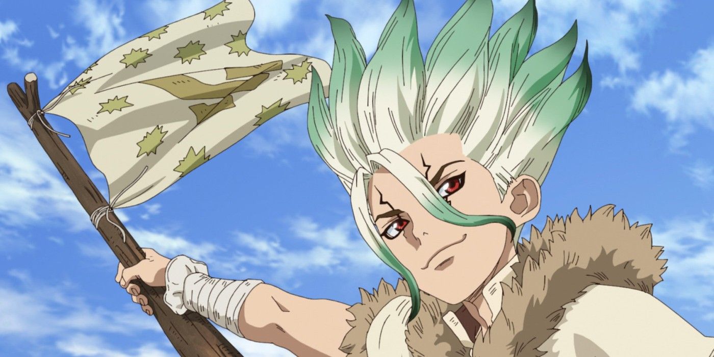 Senku from Dr. Stone waving a flag and smiling
