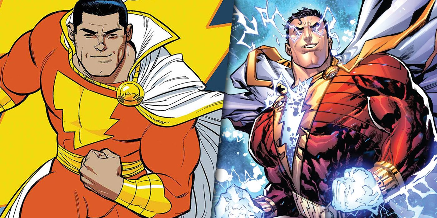 A split image of Shazam in his Fawcett Comics costume and his New 52 redesign in DC Comics