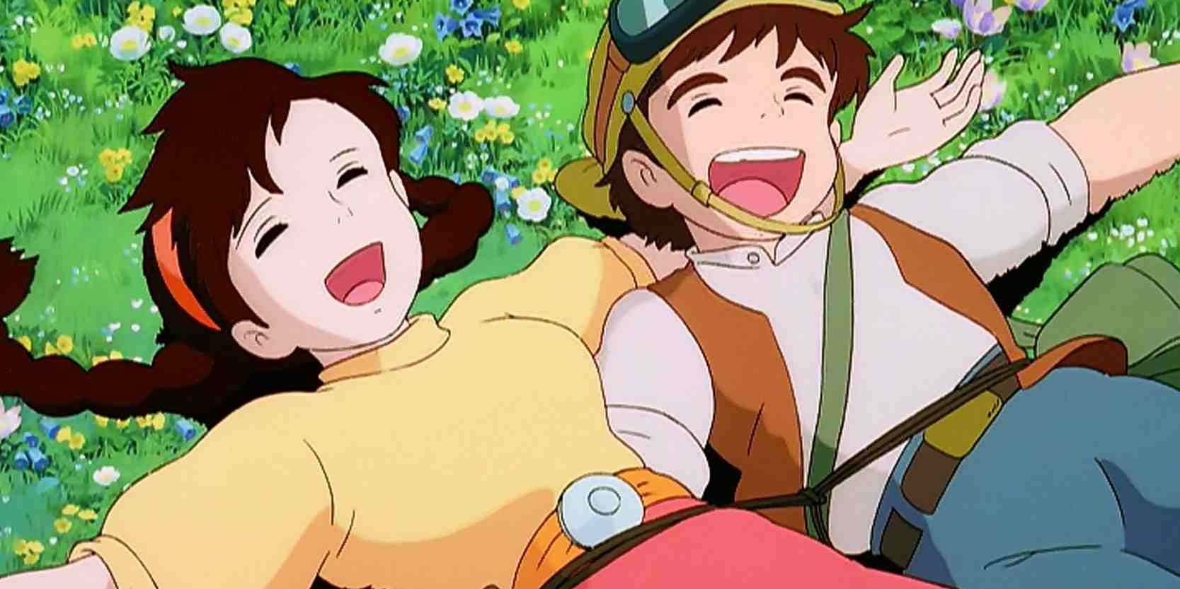 Sheeta and Pazu from Castle in the Sky lying in the grass and laughing together