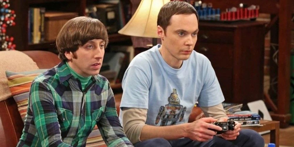 Sheldon Cooper and Howard Wolowitz sitting playing video games in The Big Bang Theory