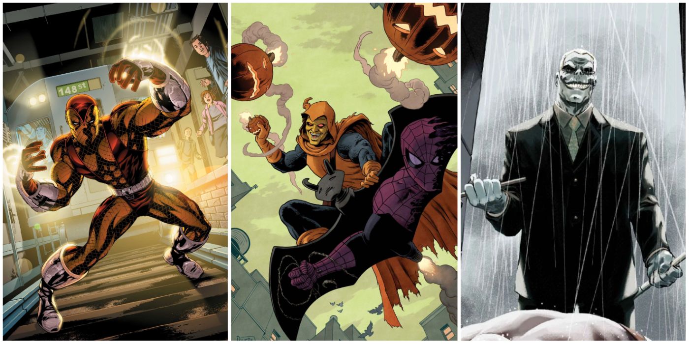 Shocker infront of an oncoming train, hobgoblin flying his glider and throwing a pumpkin bomb, and Tombstone standing in the rain in Marvel comics