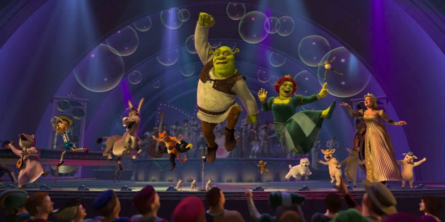 A fiesta in Shrek 2 with Fiona, Donkey, Puss In Boots, Gingerbread Man, and Pinocchio 