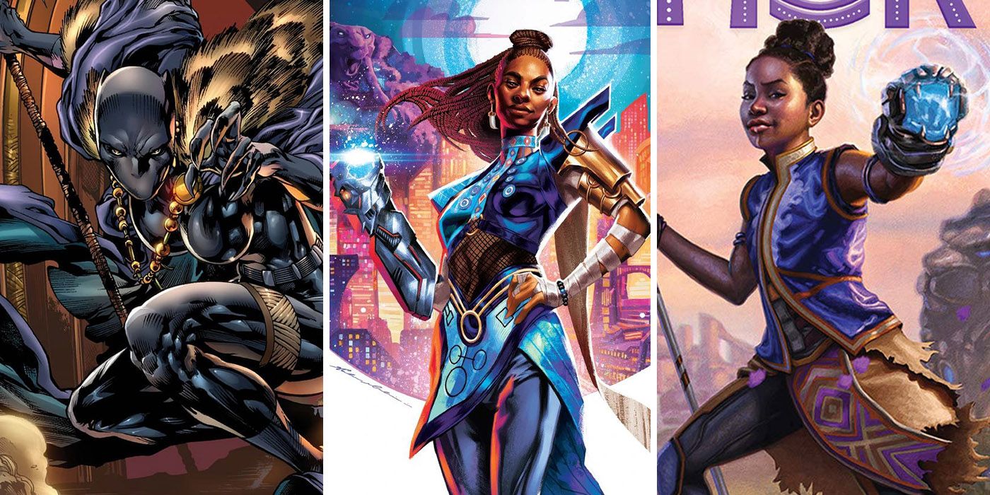 split image of Shuri as Black Panther and saving Wakanda in Marvel Comics