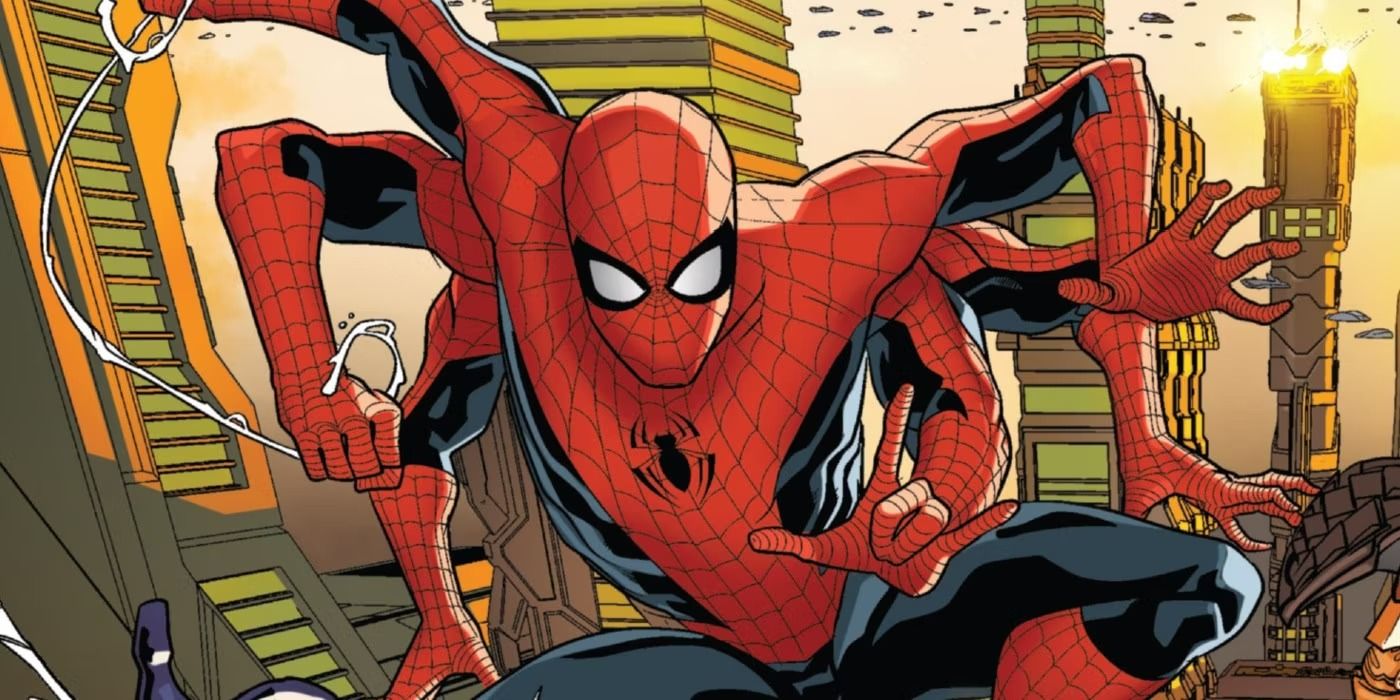 Six-Armed Spider-Man swinging through the city in Marvel Comics.