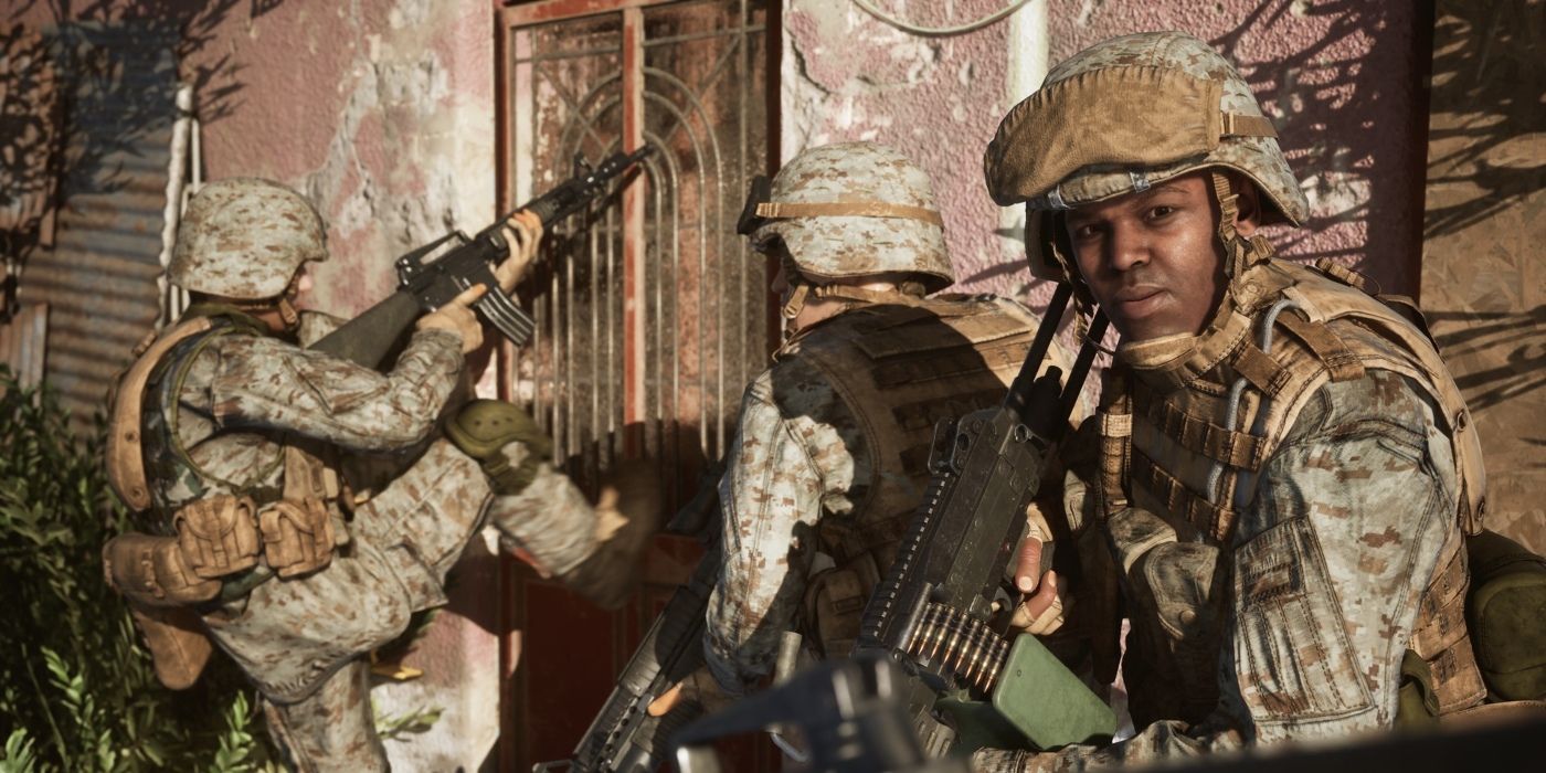 A group of US Army soldiers fighting in the game Six Days in Fallujah