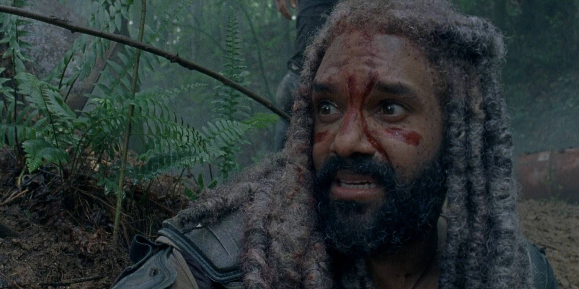 King Ezekiel (Khary Payton) is covered in blood and upset over the death of Shiva in "Some Guy" in The Walking Dead