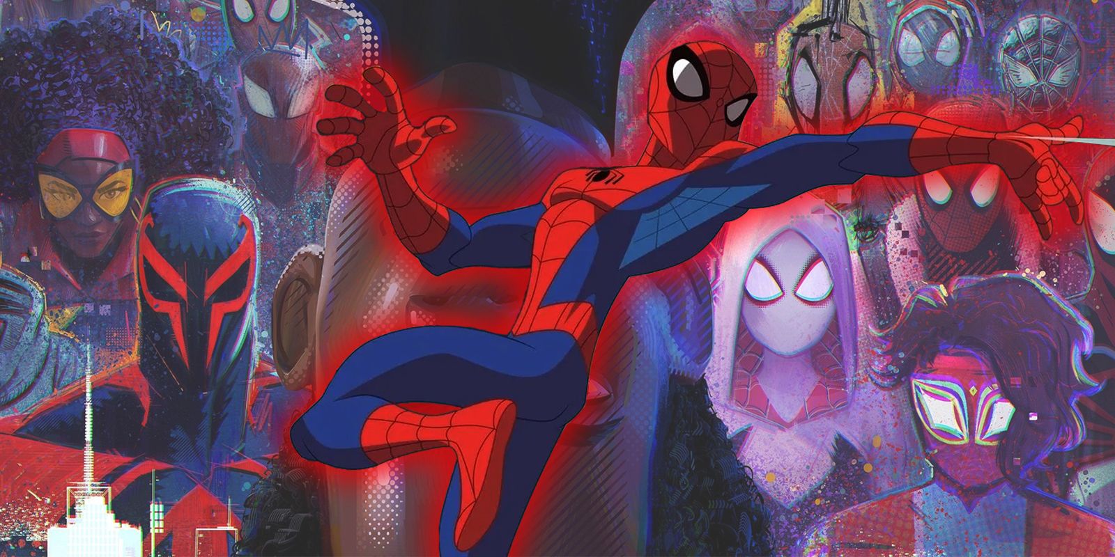 Spectacular Spider-Man swings with other multiversal Spider-People in the background