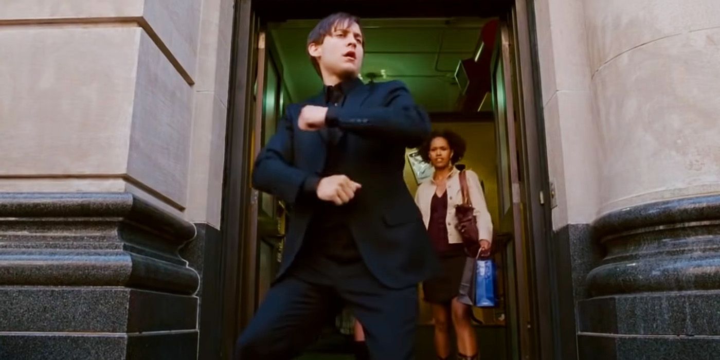 Peter Parker dances under the evil influence of the Venom Symbiote in Spider-Man 3.