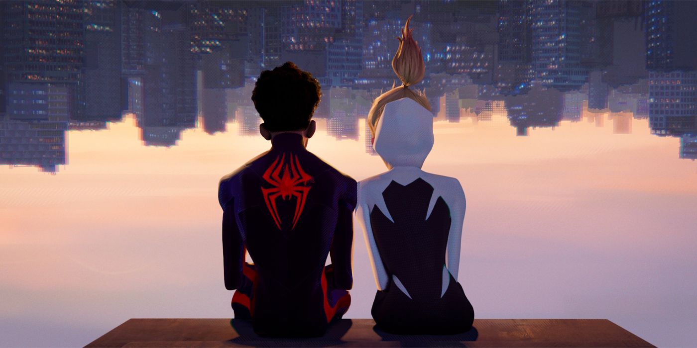 Miles Morales and Gwen Stacy sitting together in Spider-Man: Across the Spider-Verse 