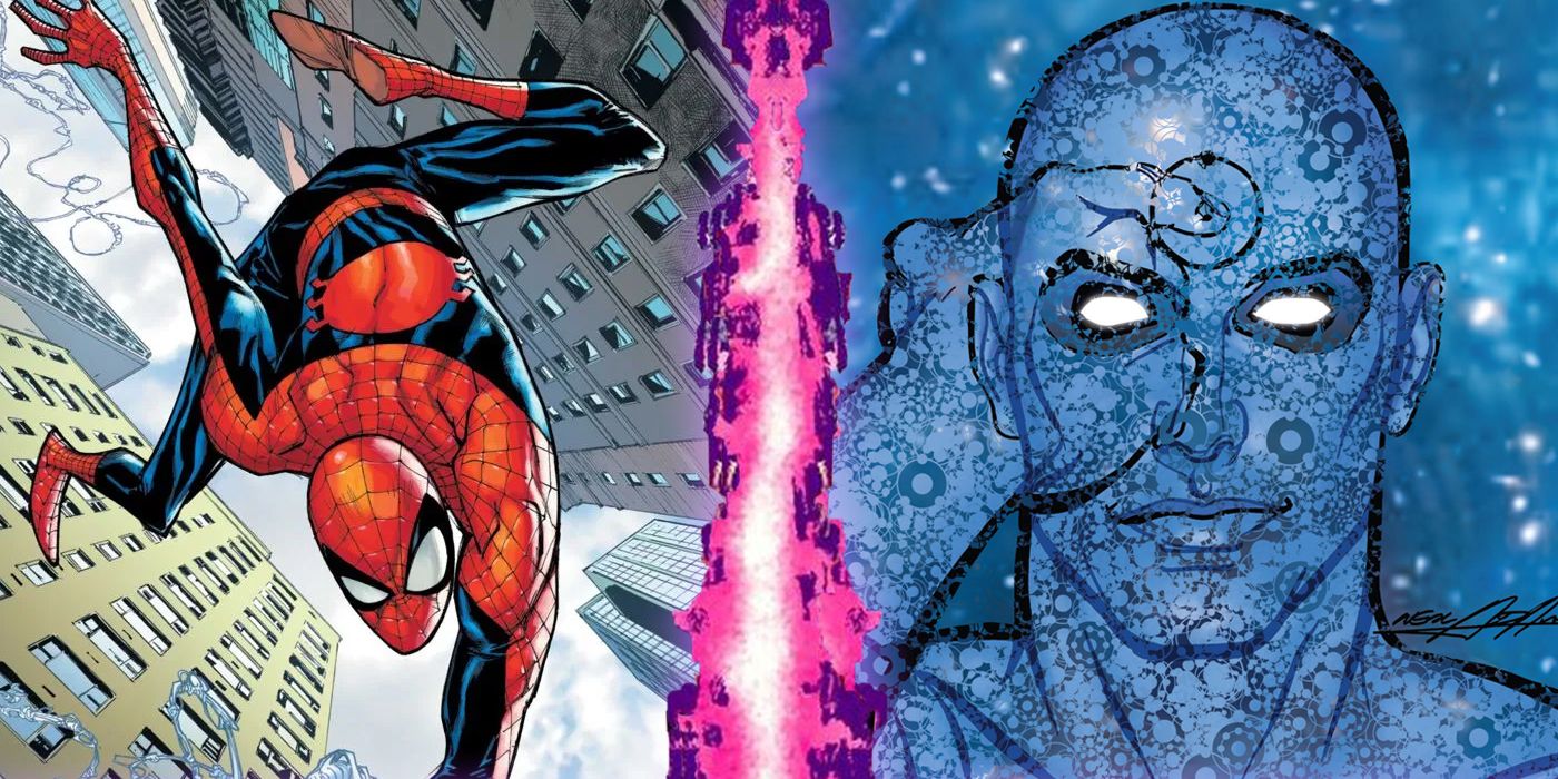 Spider-Man and Dr Manhattan separated by the Marvel vs DC border
