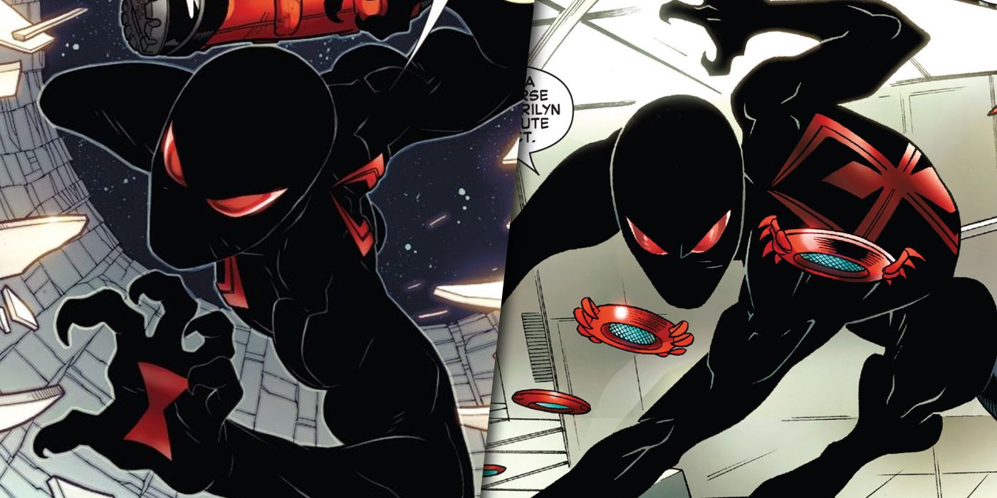 Spider-Man in his dark stealth suit split image