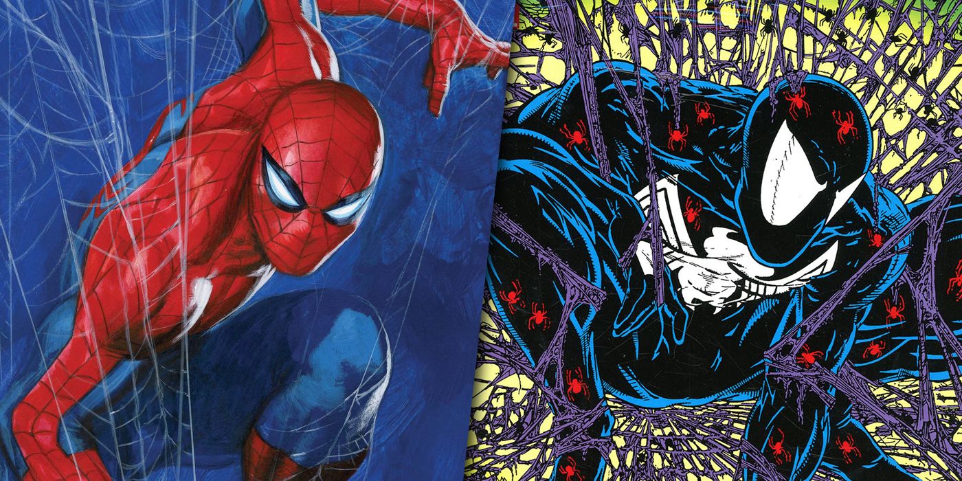 Spider-Man in his original costume and redesigned black suit