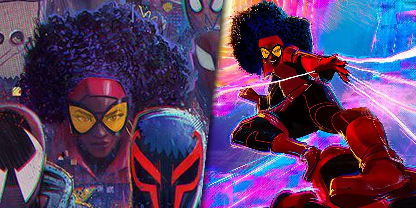 A split image of Spider-Woman in the Across the Spider-Verse poster and movie 