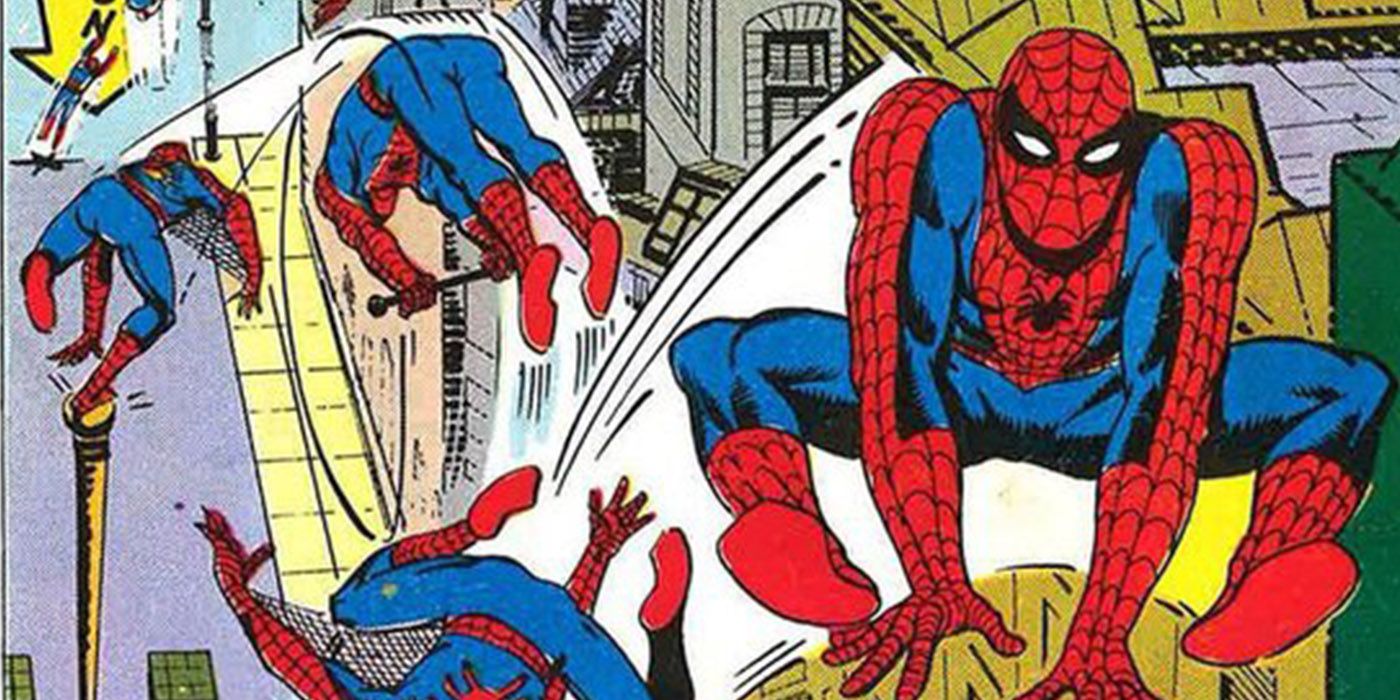 Spider-Man using acrobatics across New York City rooftops in Marvel Comics