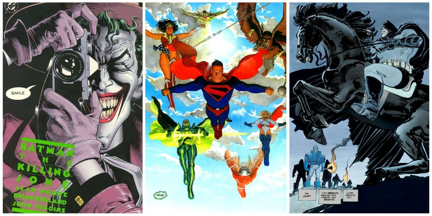 A split image of comic art from The Killing Joke, Kingdom Come, and Dark Knight Returns by DC Comics