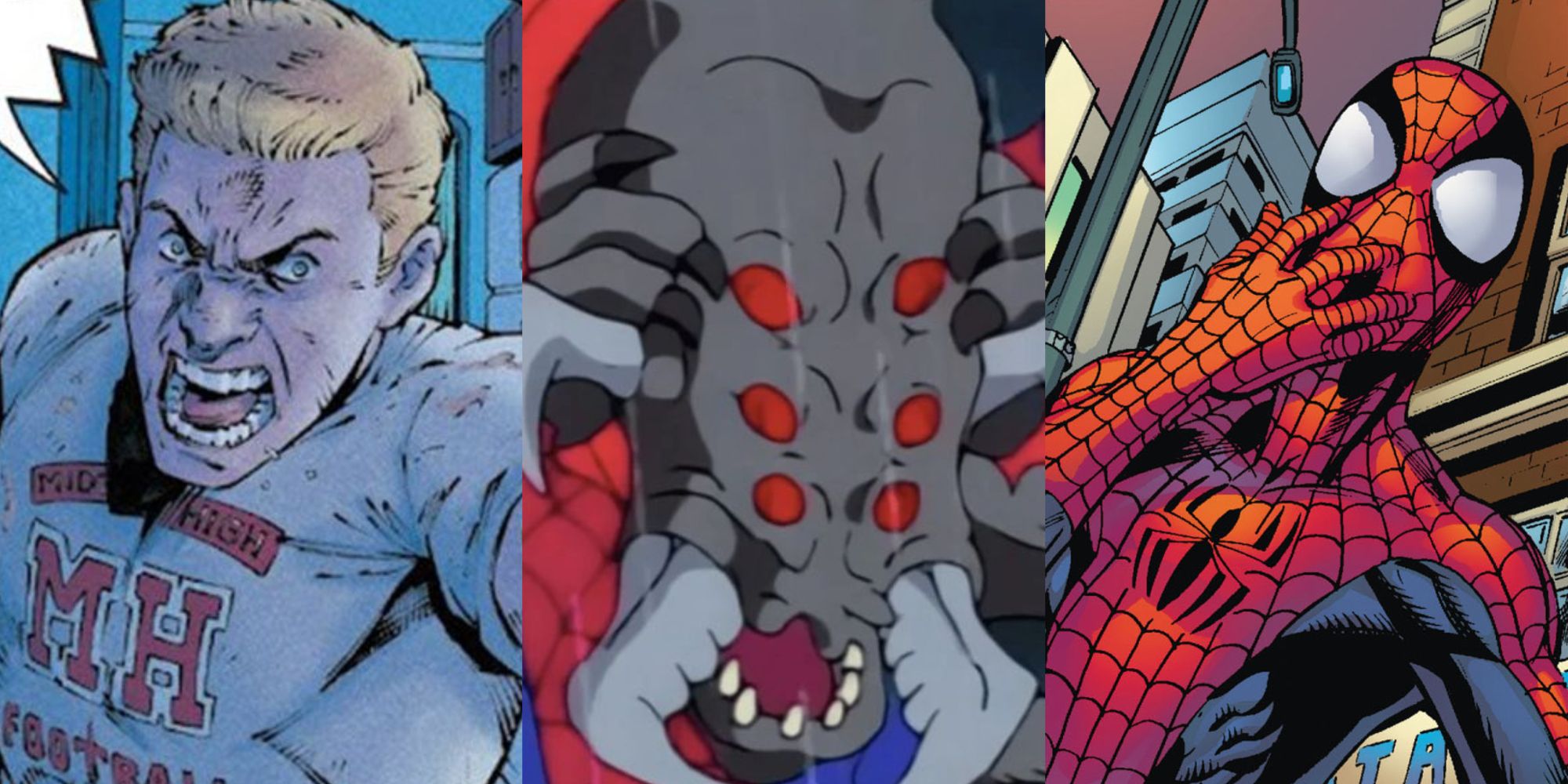 Split image of Flash Thompson, Man-Spider, and Spider-Man from Spider-Man media.-1