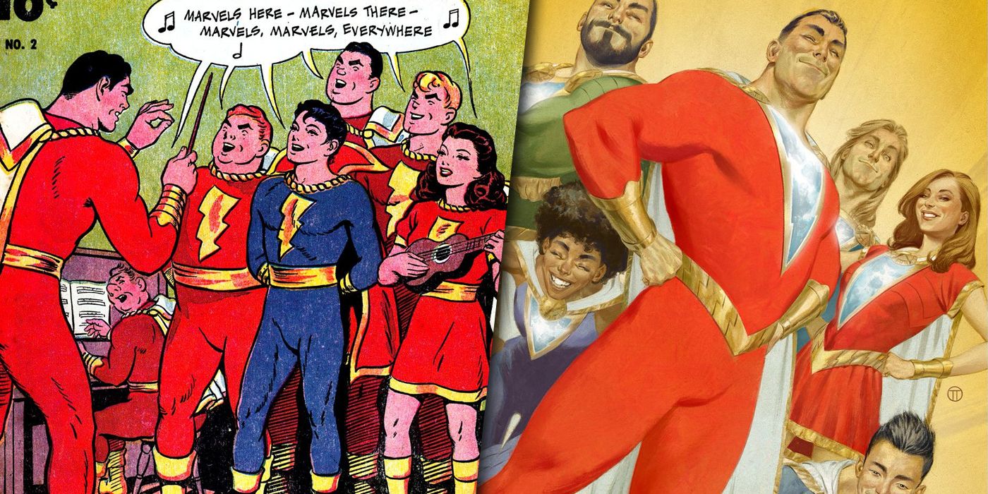 Split image of the Marvel Family and the Shazam Family