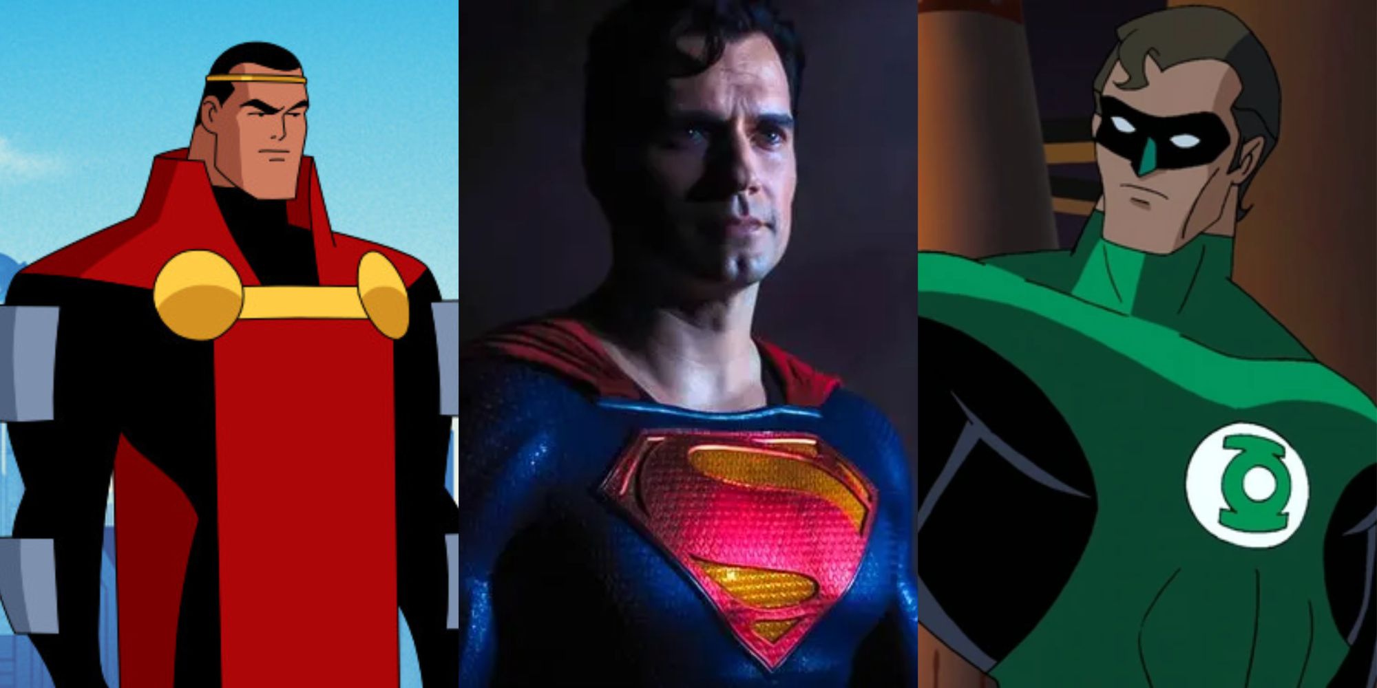 Split images of Jor-El in Superman The Animated Series, Superman in Black Adam, and Hal Jordan in Justice League Unlimited