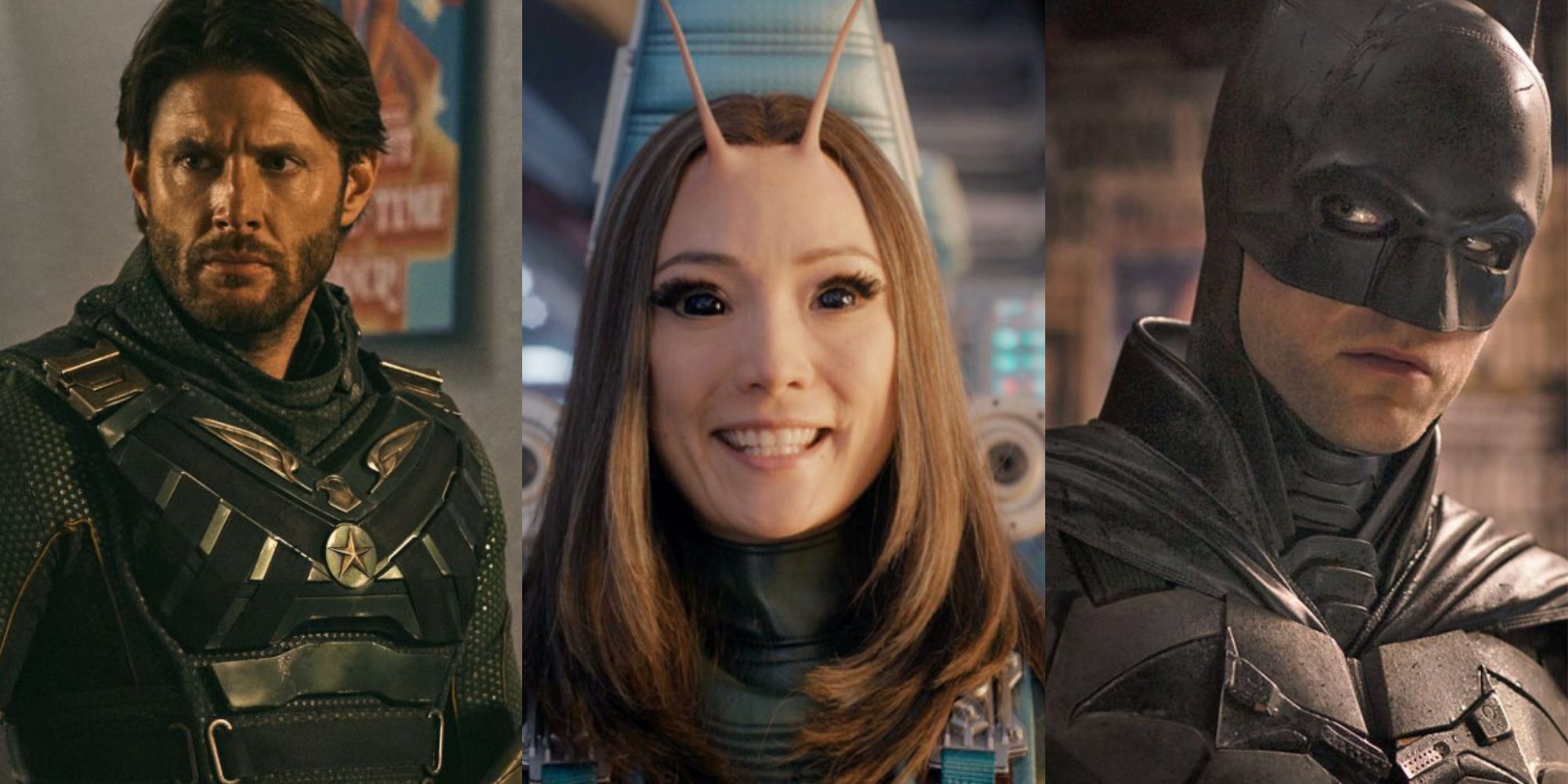 Split images of Soldier Boy in The Boys, Mantis in The Guardians of the Galaxy Holiday Special, and Batman in The Batman