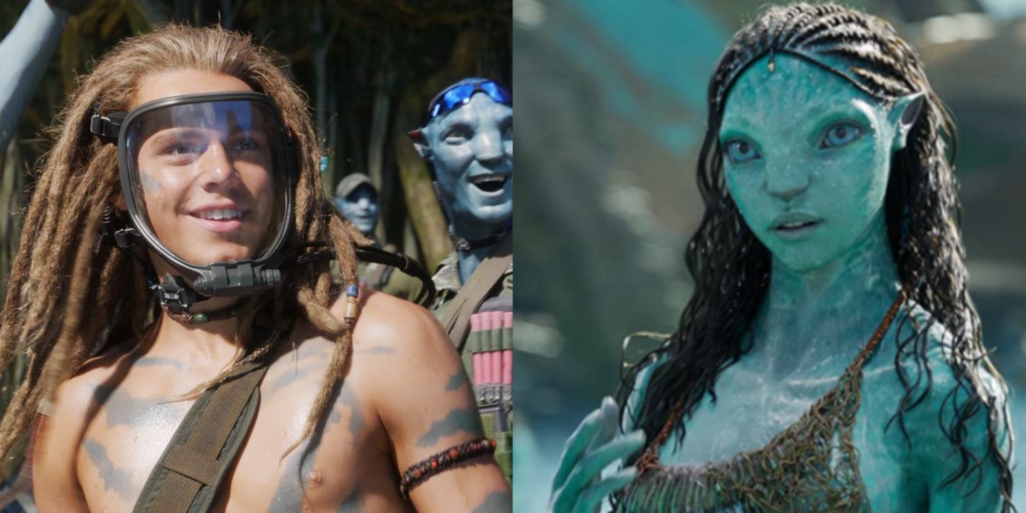 Split images of Spider laughing and Reya looking ahead in Avatar The Way of Water