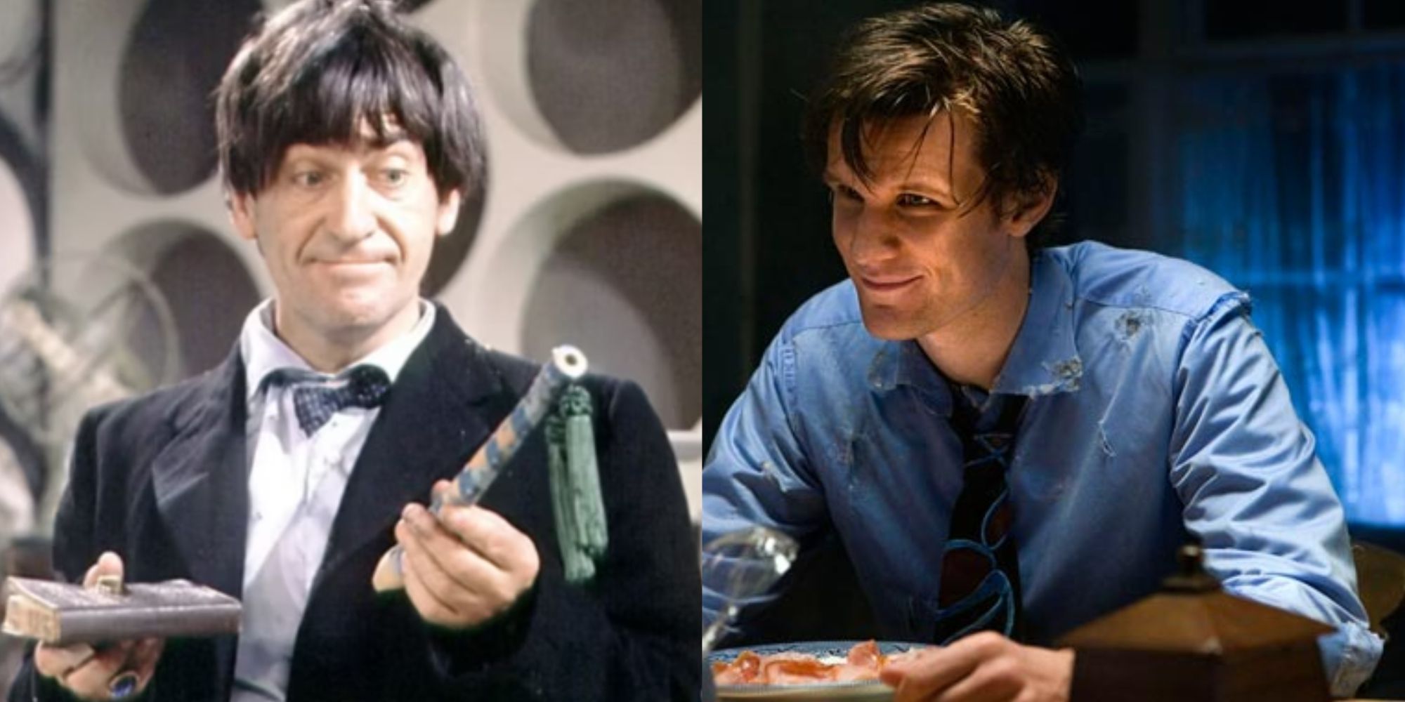 Split images of the Second Doctor holding a flute and Eleventh Doctor smiling in Doctor Who