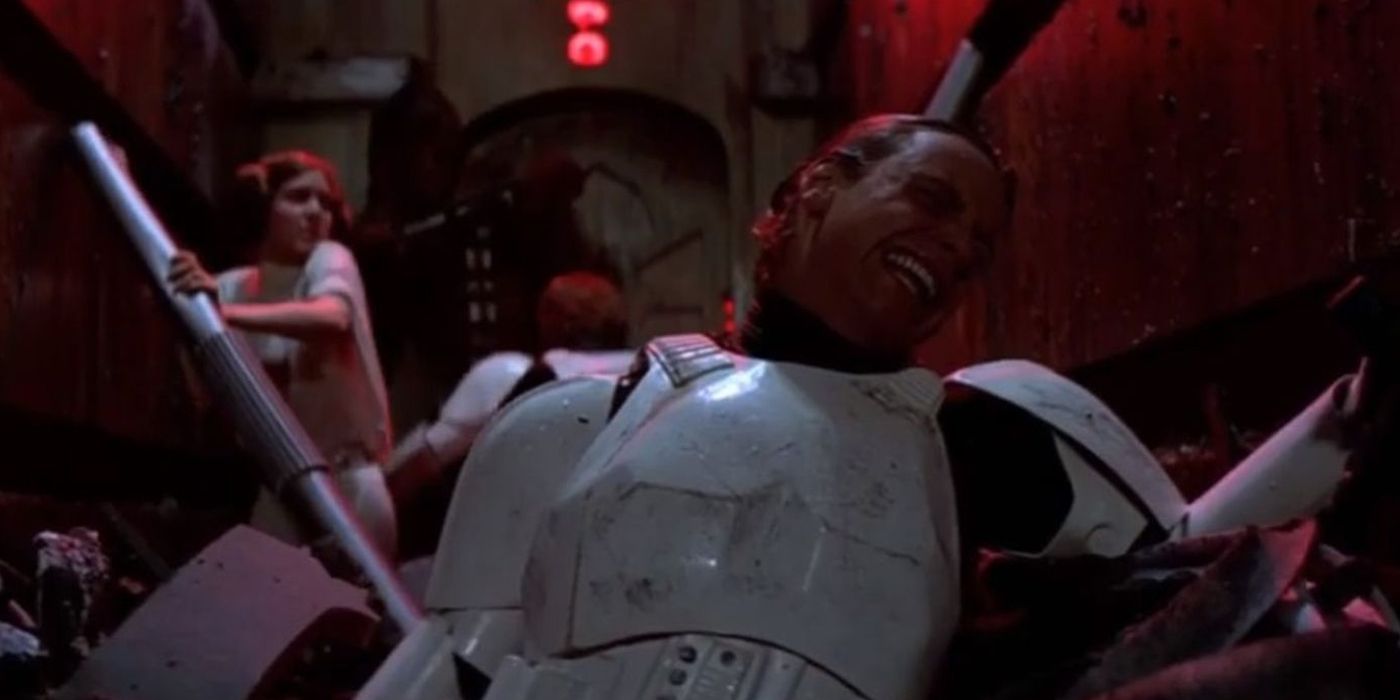 Star Wars characters struggling to survive in a garbache chute from A New Hope