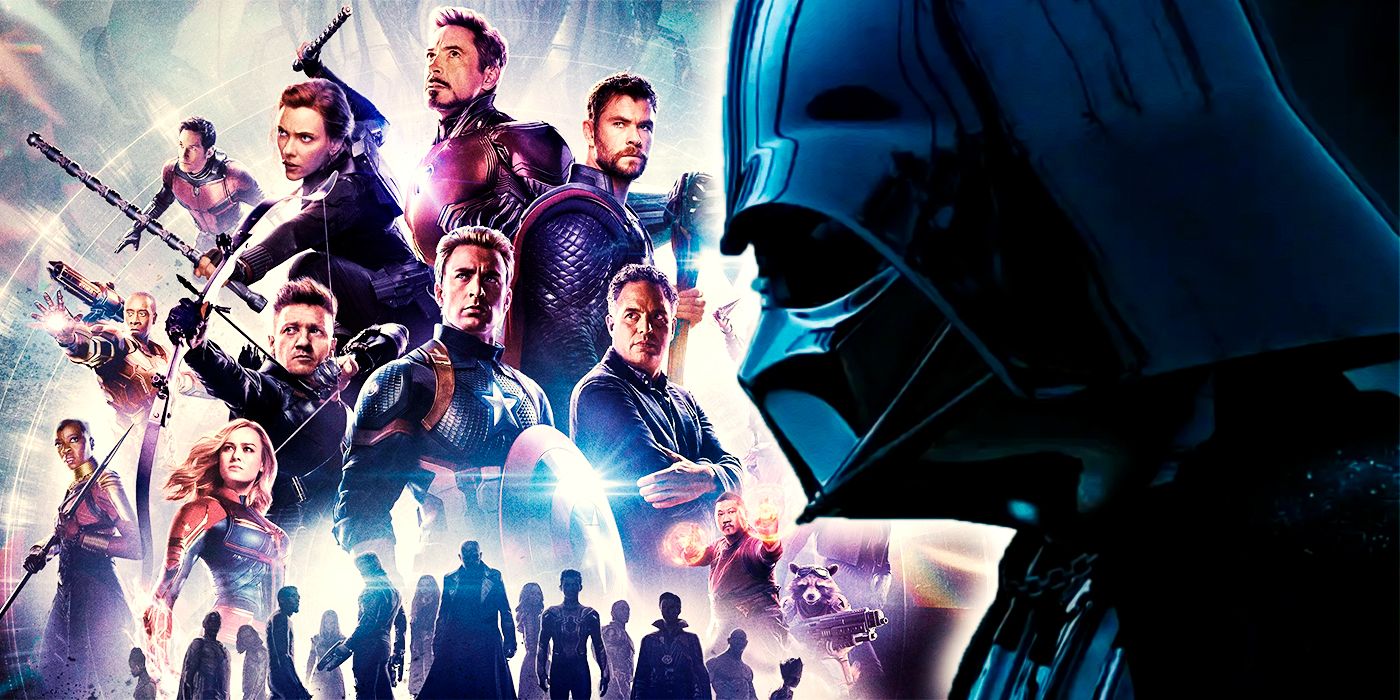 Split image of the cast of Avengers: Endgame and Star Wars' Darth Vader