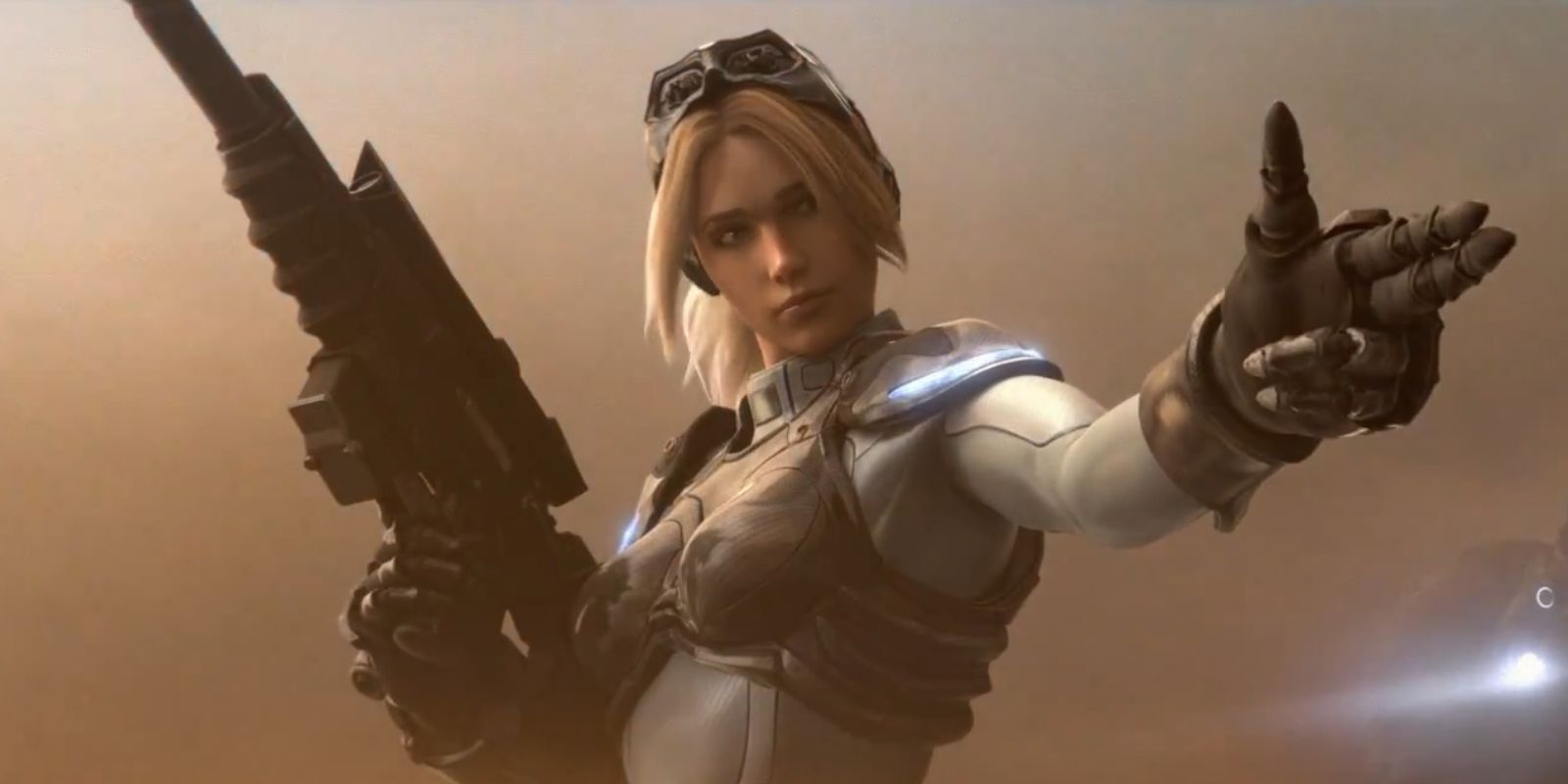 Nova extends her hand in the shape of a gun in Starcraft