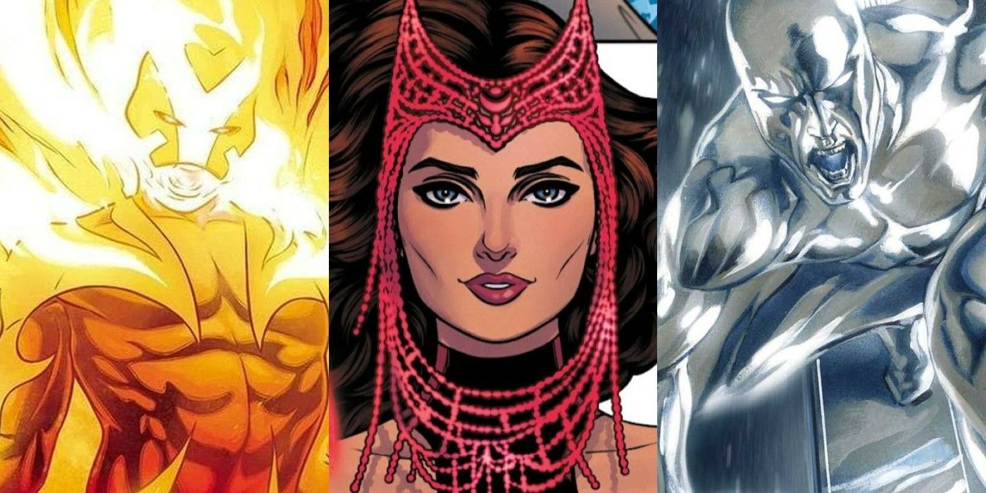 A split image of Sunfire on fire, Scarlet Witch from the Hellfire Gala, and Silver Surfer yelling in Marvel Comics