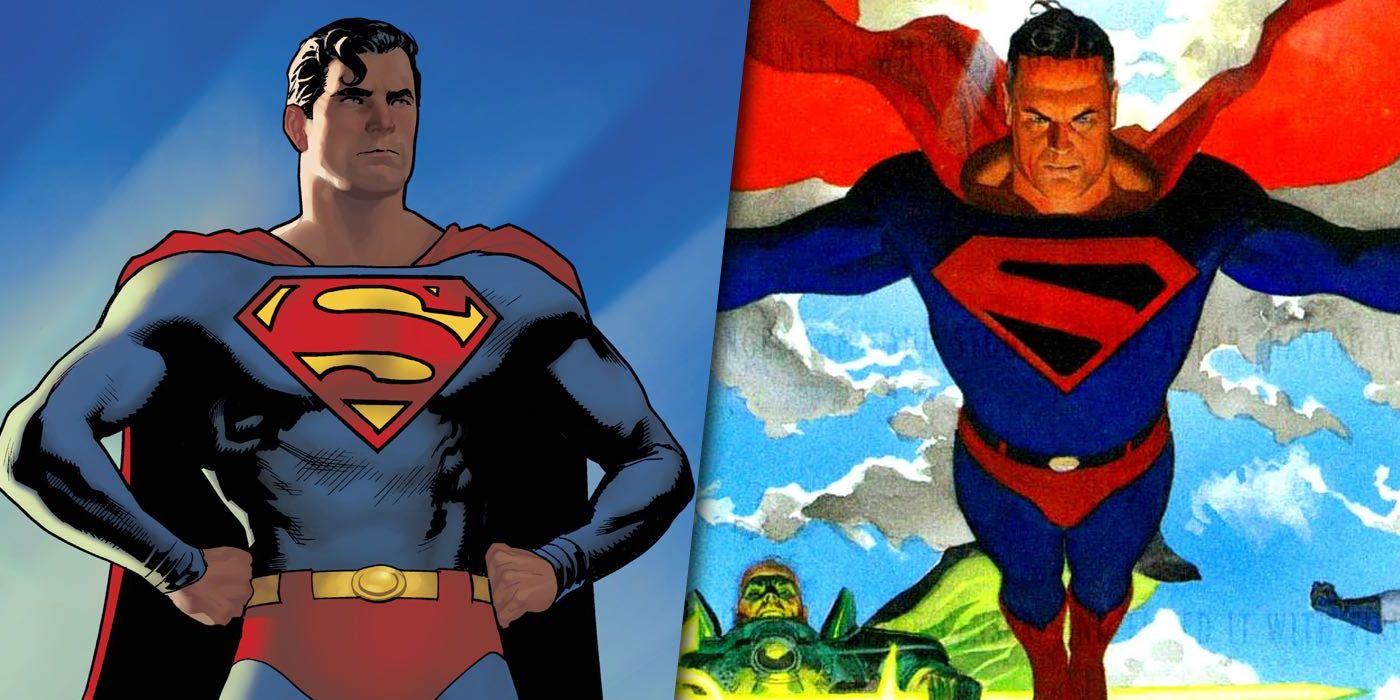 Superman in his original costume and his Kingdom Come redesign