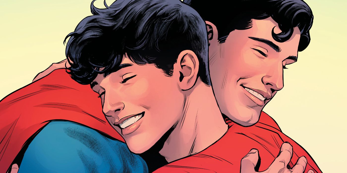 Jon Kent hugs his father Superman