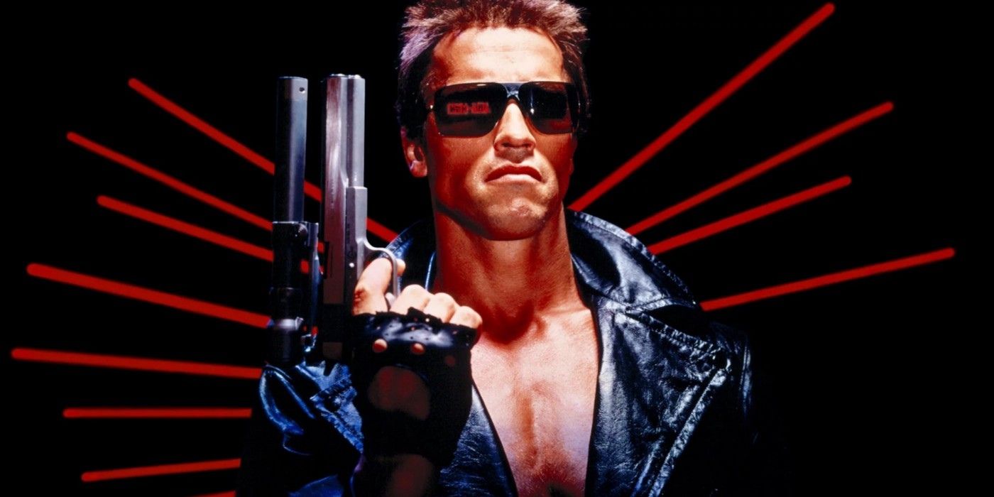 Arnold Schwarzenegger como o T-800 no pôster do filme O Exterminador do Futuro