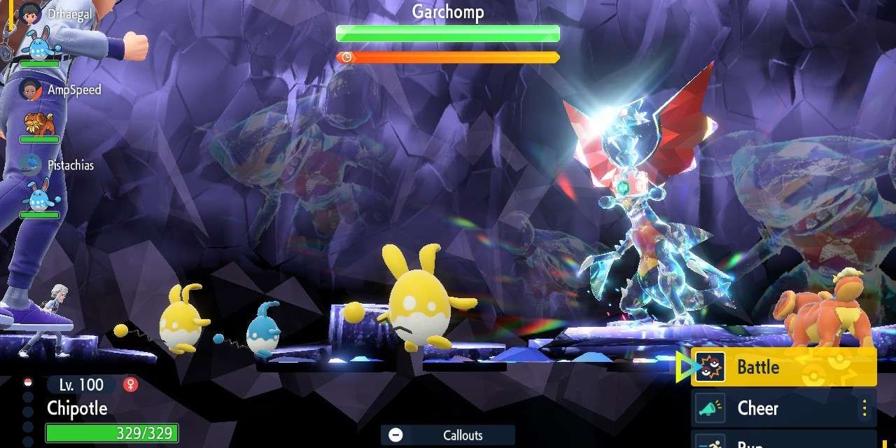 A team of Azumarill and a Dachsbun vs a Dragon Tera Garchomp in a Pokémon Scarlet & Violet raid.
