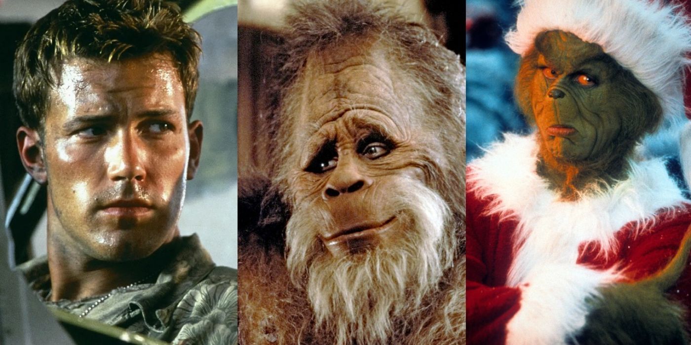 split image of Ben Affleck in Pearl Harbor, Bigfoot from Harry and the Hendersons, and the live-action Grinch