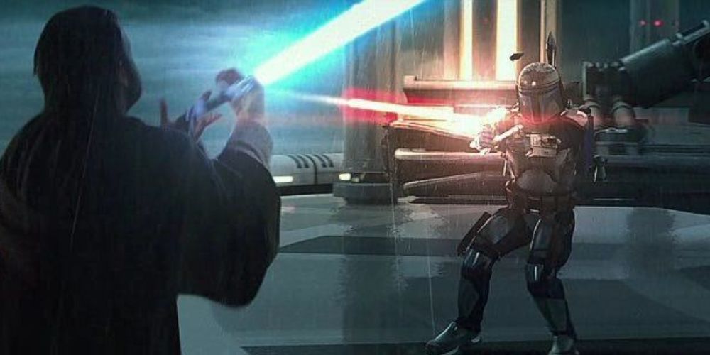 Obi Wan and Jango Fett fighting in Star Wars: Attack Of The Clones