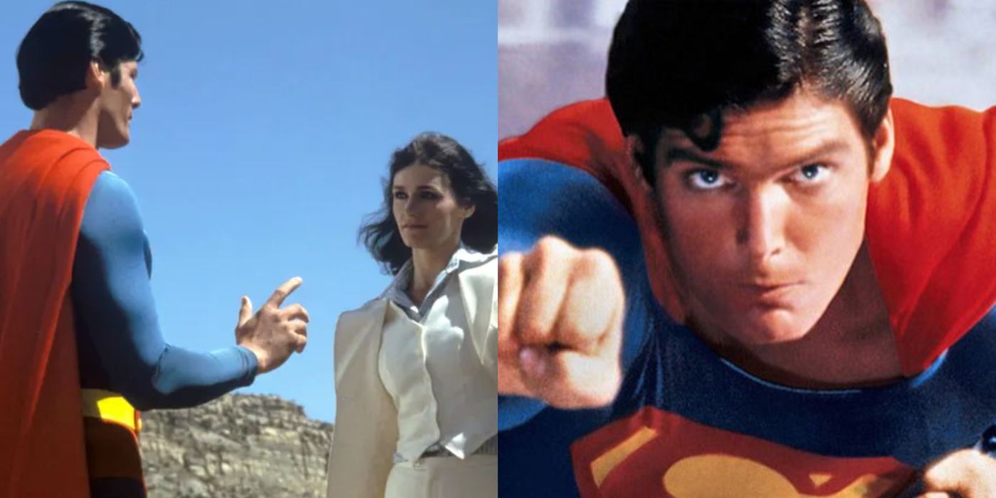Split image showing scenes from Christopher Reeve's Superman Tetralogy
