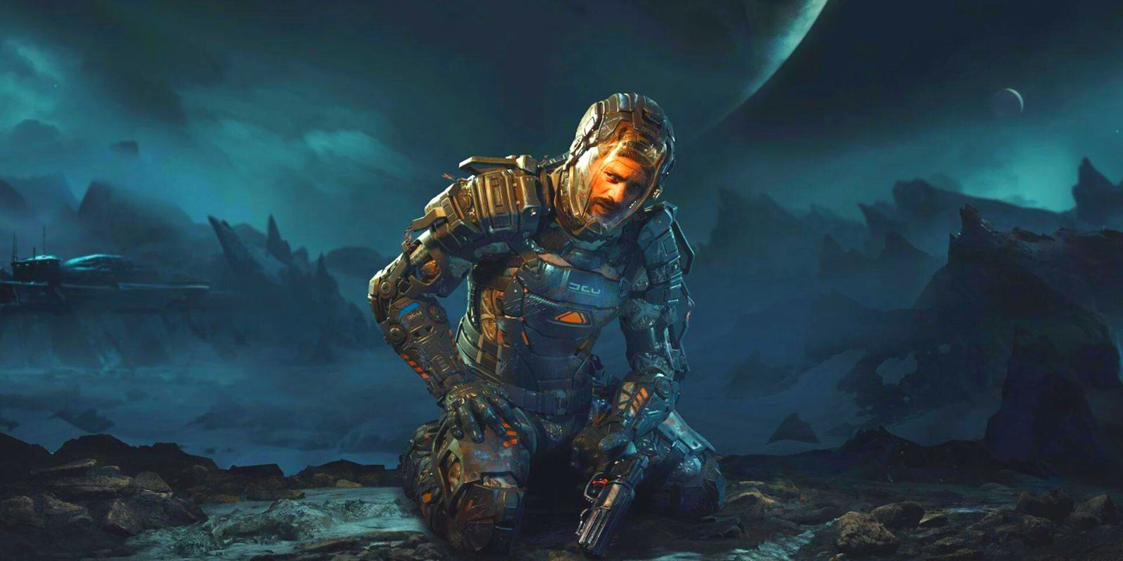 Player from The Callisto Protocol kneeling with a moon in the background