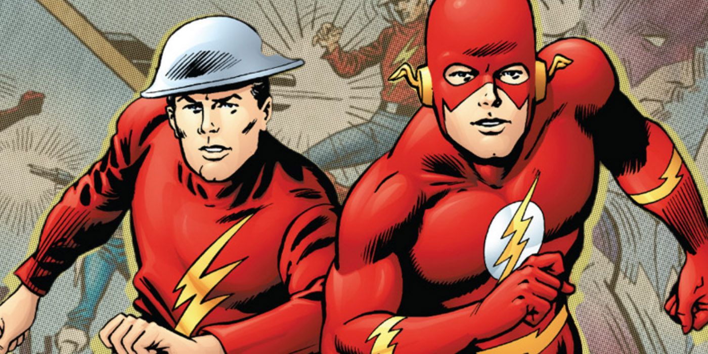 An image of Barry Allen's Flash running alongside Jay Garrick's Flash in DC COmics