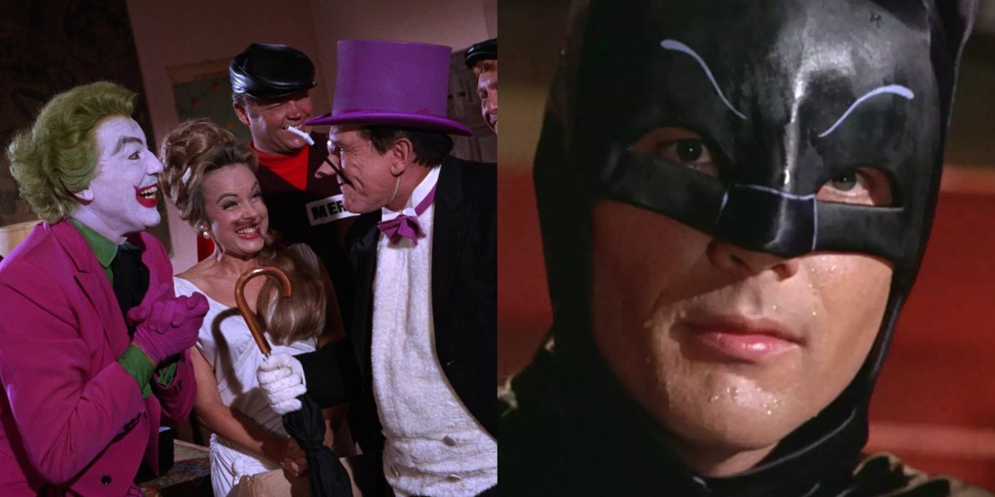 Split image showing The Joker, Penguin, and Batman in Batman 1966