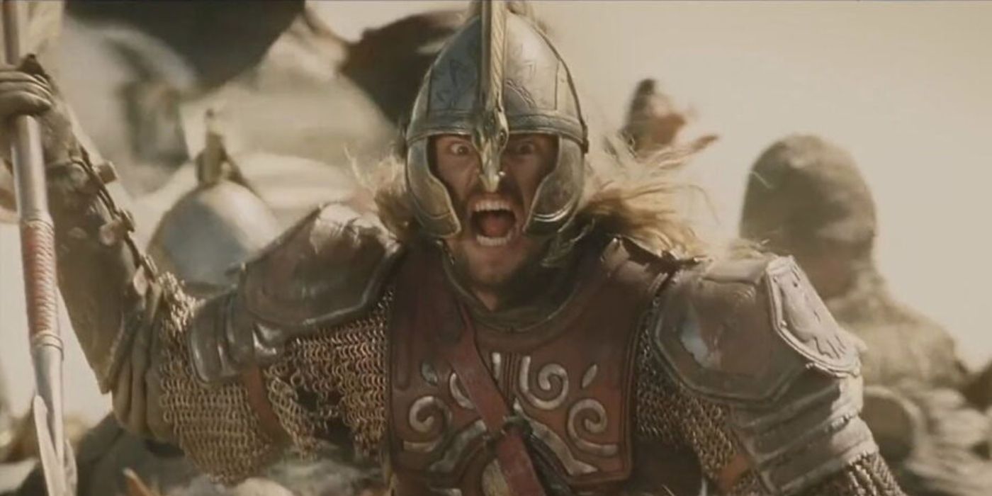 The Lord of the Rings' Eomer holds a spear as he rushes into battle