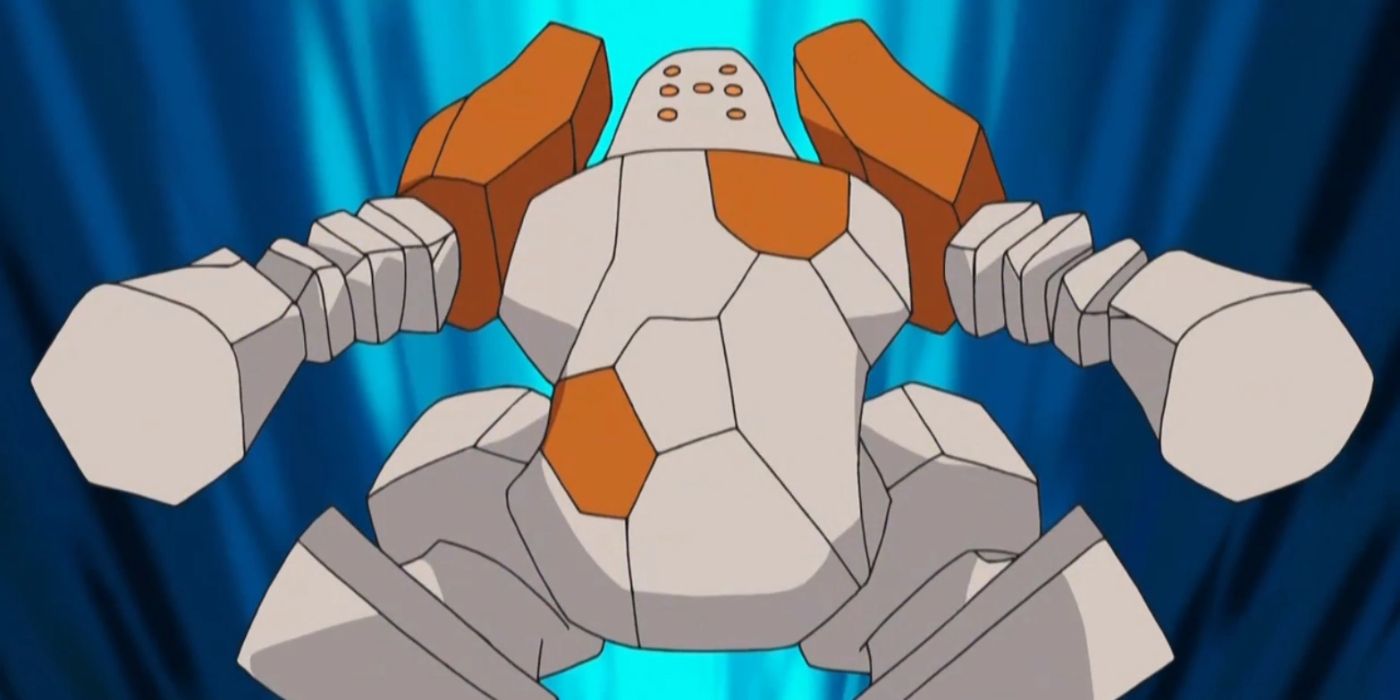 the pokemon regirock leaping into action in the pokemon anime against a blue background