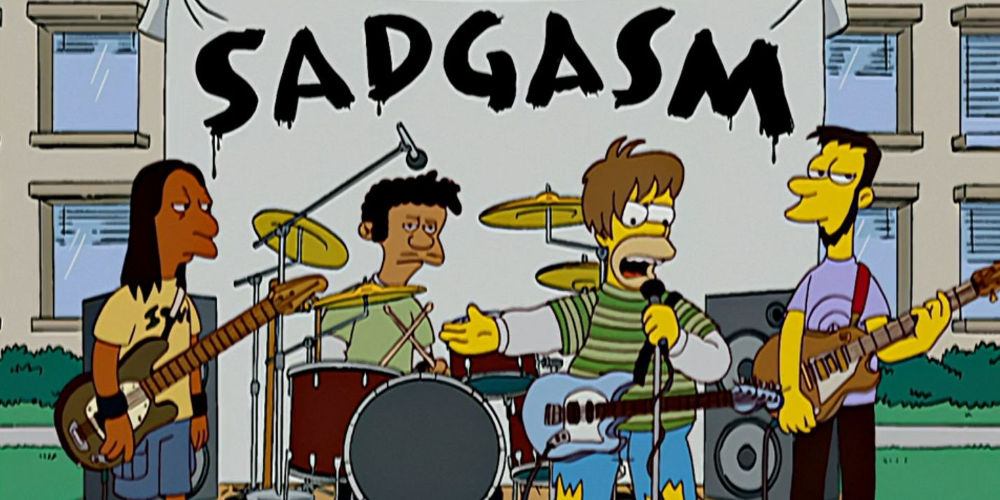 Uma captura de tela mostra a banda grunge de Homer, Sadgasm, em Os Simpsons