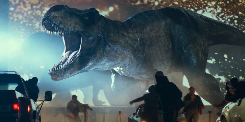 The T-Rex attacks the drive-in theater in Jurassic World: Dominion